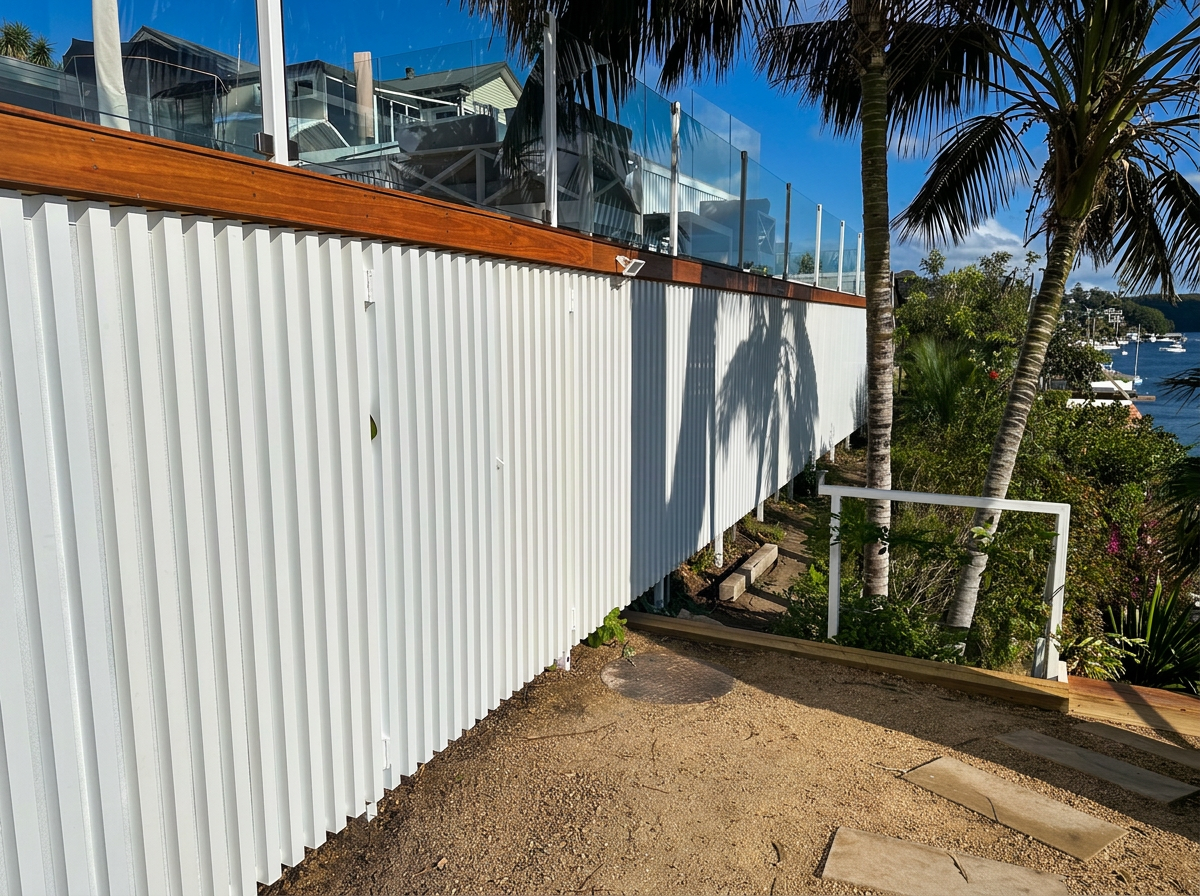 White vertical batten fence with glass balustrade above