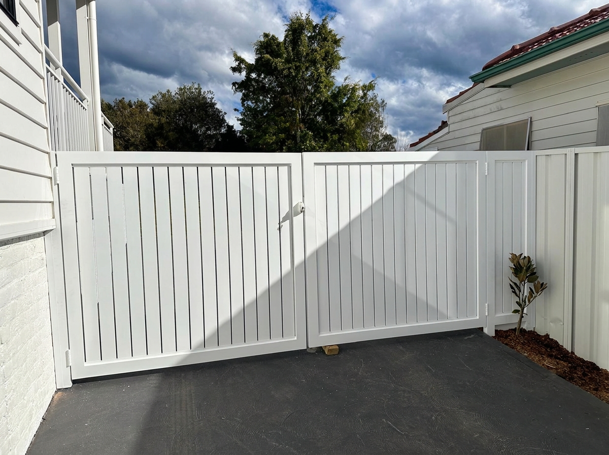 White double driveway gates with vertical aluminium battens