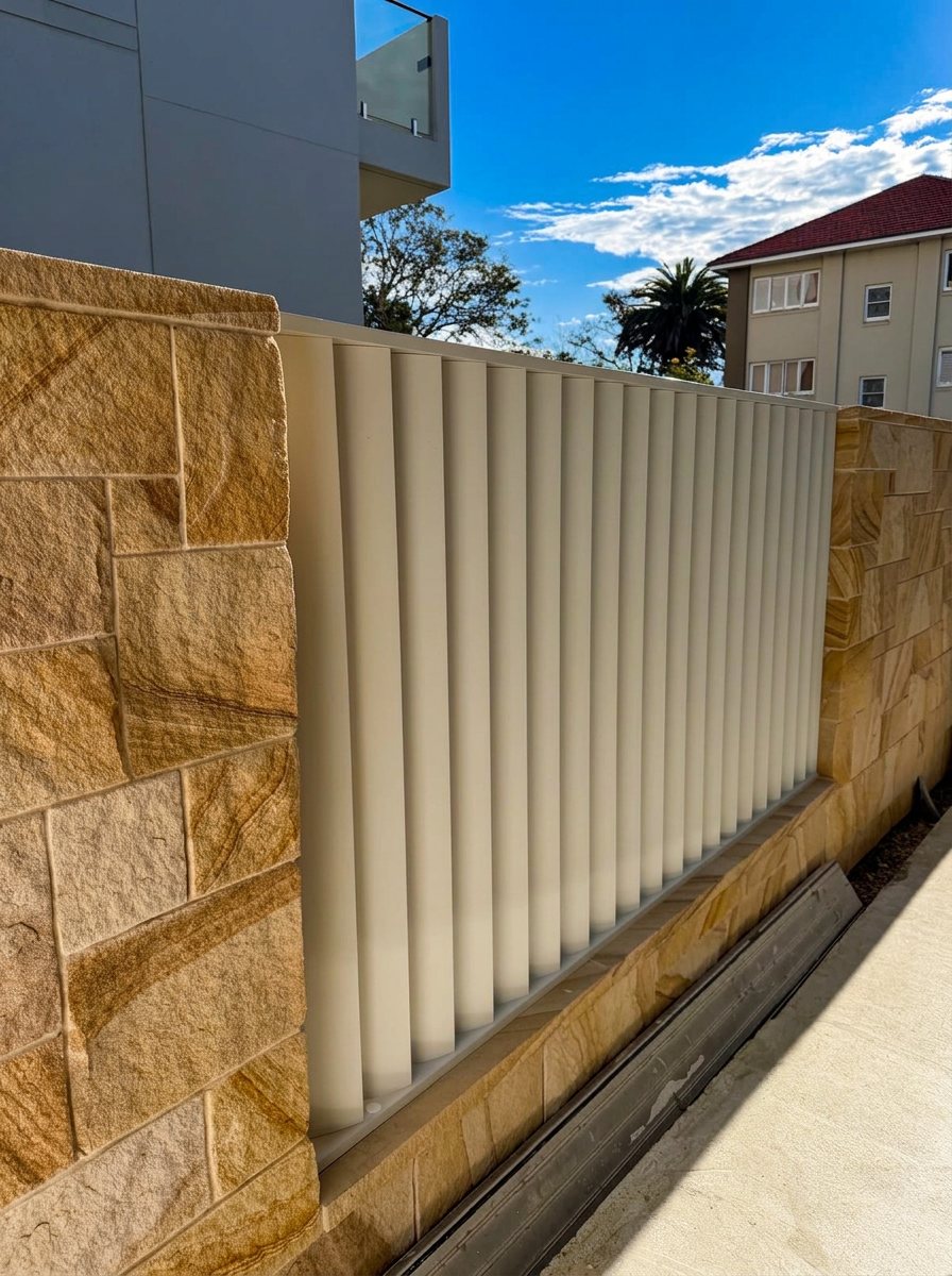Cream aluminium louvre fencing between sandstone walls