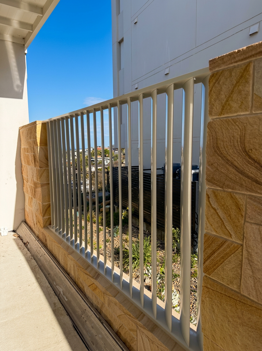 Grey vertical batten balustrade between sandstone pillars