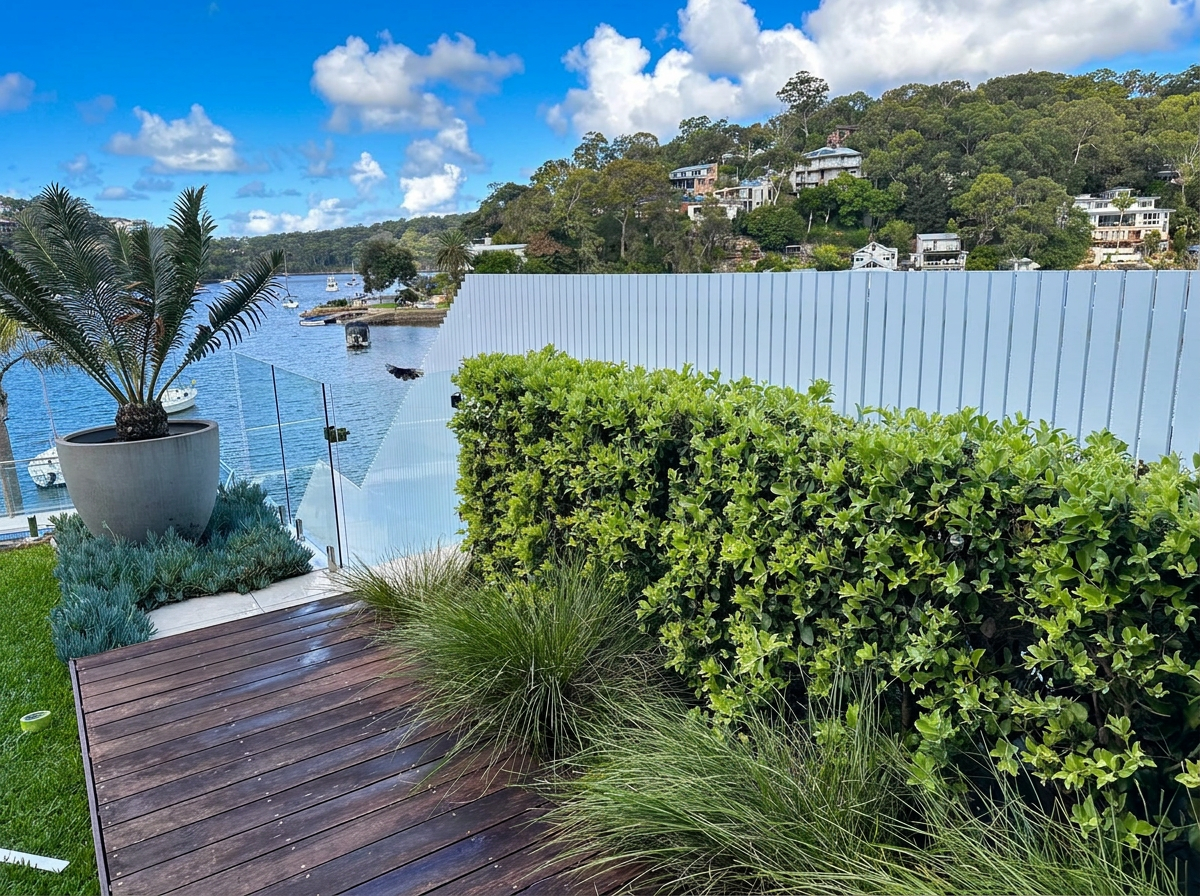 White vertical slat fencing with glass gate overlooking the water