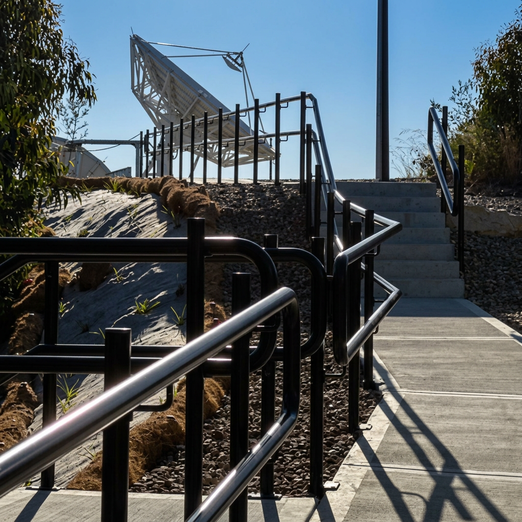 Black aluminium balustrade and handrails installed by The Fence Lab