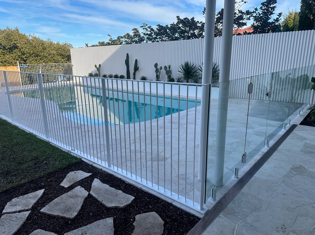 White pool fence with glass gate and slat feature wall