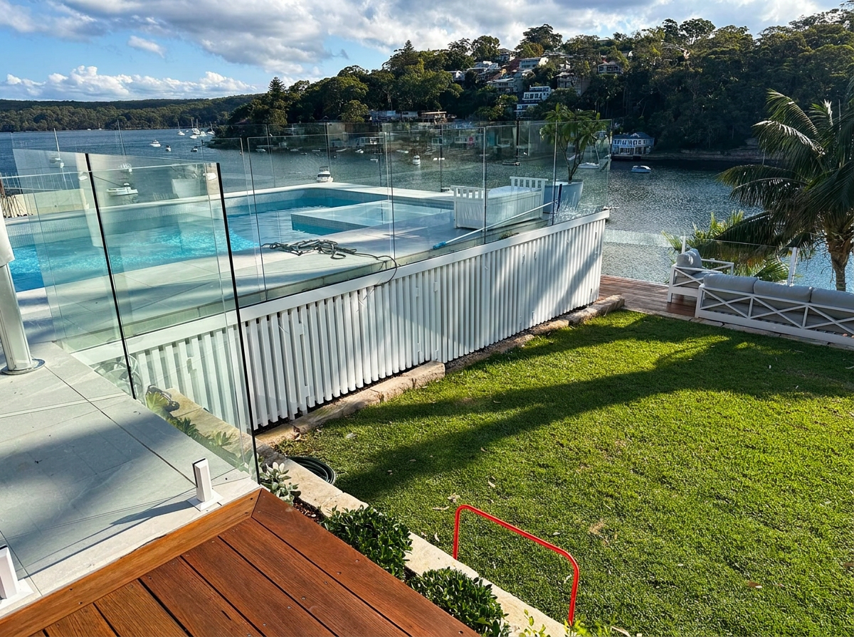 Glass pool fencing above white vertical batten fencing on a waterfront property